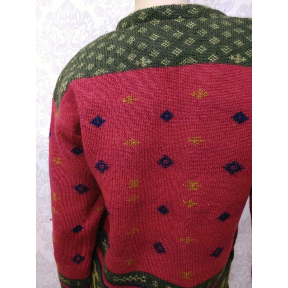 Vintage 90s Aztec Wool Cardigan Sweater Womens M Red Green Button Front - Picture 10 of 12